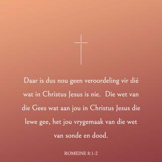 ROMEINE 8:1-9 - Daar is dus nou geen veroordeling vir dié wat in Christus Jesus is nie. Die wet van die Gees wat aan jou in Christus Jesus die lewe gee, het jou vrygemaak van die wet van sonde en dood. Wat die wet nie by magte was om te doen nie, omdat dit weens ons sondige natuur te swak was, dit het God gedoen. Hy het met die sonde afgereken deur sy eie Seun in dieselfde gestalte as die sondige mens te stuur; so het Hy die sonde in die sondige bestaan van die mens veroordeel. Nou kan ons aan die eise van die wet voldoen, óns wat ons lewe nie deur ons sondige natuur laat beheers nie, maar deur die Gees. Dié wat hulle deur hulle sondige natuur laat beheers, hou hulle besig met die dinge van die sondige natuur, maar dié wat hulle deur die Gees laat beheers, hou hulle besig met die dinge van die Gees. Die dinge waarmee die sondige natuur van die mens hom besig hou, loop uit op die dood, maar die dinge waarmee die Gees Hom besig hou, bring lewe en vrede. Die dinge waarmee die sondige natuur van die mens hom besig hou, is immers vyandskap teen God. Die sondige natuur onderwerp hom nie aan die wet van God nie, dit kan trouens ook nie. Dié wat hulle deur hulle sondige natuur laat beheers, kan nie die wil van God doen nie.
Julle word egter nie deur julle sondige natuur beheers nie, maar deur die Gees, want die Gees van God woon in julle. As iemand die Gees van Christus nie het nie, behoort hy nie aan Christus nie.