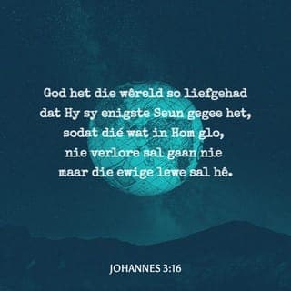JOHANNES 3:15-20 - sodat elkeen wat in Hom glo, die ewige lewe kan hê.
“God het die wêreld so liefgehad dat Hy sy enigste Seun gegee het, sodat dié wat in Hom glo, nie verlore sal gaan nie maar die ewige lewe sal hê. God het nie sy Seun na die wêreld toe gestuur om die wêreld te veroordeel nie, maar sodat die wêreld deur Hom gered kan word. Wie in Hom glo, word nie veroordeel nie; wie nie glo nie, is reeds veroordeel omdat hy nie in die enigste Seun van God glo nie. En so kom die skeiding: die lig het na die wêreld toe gekom, en tog het die mense eerder die duisternis as die lig liefgehad, want hulle dade was sleg. Elkeen wat kwaad doen, haat immers die lig en kom nie na die lig toe nie, sodat sy dade nie aan die kaak gestel moet word nie.