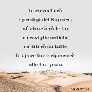 Salmi 77:11-14 - Io rievocherò i prodigi del SIGNORE; sì, ricorderò le tue meraviglie antiche,
mediterò su tutte le opere tue e ripenserò alle tue gesta.
O Dio, le tue vie sono sante; quale Dio è grande come il nostro Dio?
Tu sei il Dio che opera meraviglie; tu hai fatto conoscere la tua forza tra i popoli.