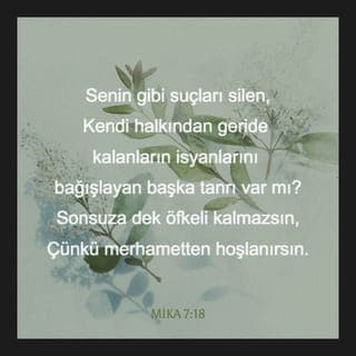 MİKA 7:18-19 - Senin gibi suçları silen,
Kendi halkından geride kalanların isyanlarını bağışlayan başka tanrı var mı?
Sonsuza dek öfkeli kalmazsın,
Çünkü merhametten hoşlanırsın.
Bize yine acıyacaksın,
Çiğneyeceksin suçlarımızı ayak altında.
Bütün günahlarımızı denizin dibine atacaksın.