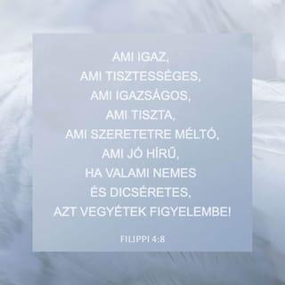 Filippi 4:7-8 - és Isten békessége, mely minden értelmet meghalad, meg fogja őrizni szíveteket és gondolataitokat Krisztus Jézusban.
Egyébként pedig, testvéreim, ami igaz, ami tisztességes, ami igazságos, ami tiszta, ami szeretetre méltó, ami jó hírű, ha valami nemes és dicséretes, azt vegyétek figyelembe!