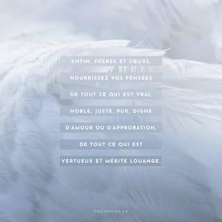 Philippiens 4:8 - Au reste, frères, que tout ce qui est vrai, tout ce qui est honorable, tout ce qui est juste, tout ce qui est pur, tout ce qui est aimable, tout ce qui mérite l’approbation, ce qui est vertueux et digne de louange, soit l’objet de vos pensées.