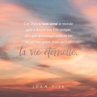 Jean 3:15-19 - Ainsi, tous ceux qui croient en lui auront la vie avec Dieu pour toujours.
« Oui, Dieu a tellement aimé le monde qu’il a donné son Fils unique. Ainsi, tous ceux qui croient en lui ne se perdront pas loin de Dieu, mais ils vivront avec lui pour toujours. En effet, Dieu n’a pas envoyé son Fils dans le monde pour condamner le monde, mais il l’a envoyé pour qu’il sauve le monde. Celui qui croit au Fils n’est pas condamné. Mais celui qui ne croit pas, celui-là est déjà condamné parce qu’il n’a pas cru au Fils unique de Dieu.
« Et voici comment on est condamné : la lumière est venue dans le monde, mais les gens ont préféré la nuit à la lumière parce qu’ils font le mal.