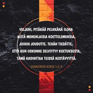 Jaakobin kirje 1:2-6 - Veljeni, pitäkää pelkkänä ilona niitä monenlaisia koettelemuksia, joihin joudutte. Tehän tiedätte, että kun uskonne selviytyy koetuksesta, tämä kasvattaa teissä kestävyyttä. Ja kestävyys johtakoon täydelliseen tulokseen, jotta olisitte täydellisiä ja eheitä, ette vajaita miltään kohden.
Jos kuitenkin joltakulta teistä puuttuu viisautta, pyytäköön sitä Jumalalta. Hän on saava pyytämänsä, sillä Jumala antaa auliisti kaikille, ketään soimaamatta. Mutta pyytäköön uskossa, lainkaan epäilemättä. Joka epäilee, on kuin meren aalto, jota tuuli ajaa sinne tänne.
