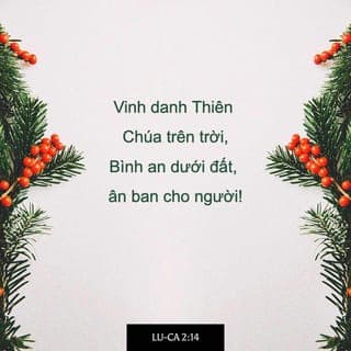Lu-ca 2:13-16 - Bỗng nhiên, có muôn vàn thiên binh cùng với thiên sứ ấy ngợi ca Đức Chúa Trời rằng:
“Vinh danh Thiên Chúa trên trời,
Bình an dưới đất, ân ban cho người!”
Sau khi các thiên sứ lìa họ lên trời rồi, các người chăn chiên nói với nhau rằng: “Chúng ta hãy đi đến thành Bết-lê-hem xem việc đã xảy ra mà Chúa cho chúng ta biết.” Vậy, họ vội vàng đi đến đó, gặp Ma-ri, Giô-sép, và thấy con trẻ đang nằm trong máng cỏ.
