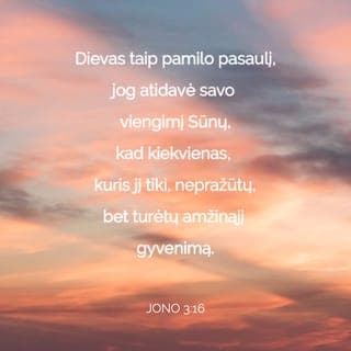 Jono 3:15-17 - kad kiekvienas, kuris jį tiki,
turėtų amžinąjį gyvenimą“.
Dievas taip pamilo pasaulį,
jog atidavė savo viengimį Sūnų,
kad kiekvienas, kuris jį tiki, nepražūtų,
bet turėtų amžinąjį gyvenimą.
Dievas juk nesiuntė savo Sūnaus į pasaulį,
kad jis pasaulį pasmerktų,
bet kad pasaulis per jį būtų išgelbėtas.