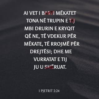 1 Pjetrit 2:24-25 - Ai i mori mëkatet tona
në trupin e vet mbi dru,
që ne të vdesim ndaj mëkatit
e të jetojmë me drejtësi.
Ju u shëruat nga plagët e tij.
Ju ishit si dele të humbura,
por tani u kthyet te bariu
e mbikëqyrësi i shpirtrave tuaj.