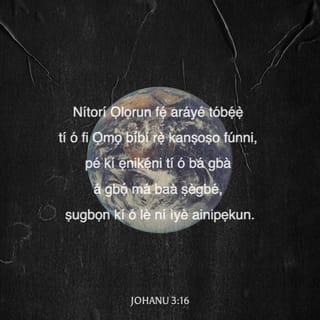 Joh 3:15-17 - Ki ẹnikẹni ti o ba gba a gbọ, ki o má ba ṣegbé, ṣugbọn ki o le ni ìye ainipẹkun.
Nitori Ọlọrun fẹ araiye tobẹ̃ gẹ, ti o fi Ọmọ bíbi rẹ̀ kanṣoṣo funni, ki ẹnikẹni ti o ba gbà a gbọ́ má bà ṣegbé, ṣugbọn ki o le ni ìye ainipẹkun.
Nitori Ọlọrun kò rán Ọmọ rẹ̀ si aiye lati da araiye lẹjọ; ṣugbọn ki a le ti ipasẹ rẹ̀ gbà araiye là.