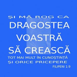 Filipeni 1:9-20 - Și mă rog ca dragostea voastră să crească tot mai mult în cunoștință și orice pricepere, ca să deosebiți lucrurile alese, pentru ca să fiți curați și să nu vă poticniți până în ziua venirii lui Hristos, plini de roada neprihănirii, prin Isus Hristos, spre slava și lauda lui Dumnezeu. Vreau să știți, fraților, că împrejurările în care mă găsesc mai degrabă au lucrat la înaintarea Evangheliei. În adevăr, în toată curtea împărătească și pretutindeni aiurea, toți știu că sunt pus în lanțuri din pricina lui Isus Hristos. Și cei mai mulți din frați, îmbărbătați de lanțurile mele, au și mai multă îndrăzneală să vestească fără teamă Cuvântul lui Dumnezeu. Unii, este adevărat, propovăduiesc pe Hristos din pizmă și din duh de ceartă; dar alții, din bunăvoință. Aceștia din urmă lucrează din dragoste, ca unii care știu că eu sunt însărcinat cu apărarea Evangheliei; cei dintâi, din duh de ceartă, vestesc pe Hristos nu cu gând curat, ci ca să mai adauge un necaz la lanțurile mele. Ce ne pasă? Oricum: fie de ochii lumii, fie din toată inima, Hristos este propovăduit. Eu mă bucur de lucrul acesta și mă voi bucura. Căci știu că lucrul acesta se va întoarce spre mântuirea mea prin rugăciunile voastre și prin ajutorul Duhului lui Isus Hristos. Mă aștept și nădăjduiesc cu tărie că nu voi fi dat de rușine cu nimic, ci că acum, ca totdeauna, Hristos va fi proslăvit cu îndrăzneală în trupul meu, fie prin viața mea, fie prin moartea mea.