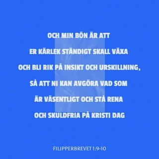 Filipperbrevet 1:9-11 - Och min bön är att er kärlek ska överflöda mer och mer och ge insikt och gott omdöme, så att ni kan avgöra vad som är viktigt och vara rena och fläckfria på Kristi dag, rika på rättfärdighetens frukt som Jesus Kristus ger, Gud till ära och pris.