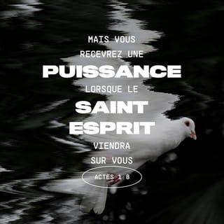 Actes 1:8-11 - Mais vous allez recevoir une force, celle de l’Esprit Saint qui descendra sur vous. Alors vous serez mes témoins à Jérusalem, dans toute la Judée et la Samarie, et jusqu’au bout du monde. »
Après que Jésus a dit cela, il monte au ciel sous les yeux de ses apôtres. Ensuite, un nuage le cache, et ils ne le voient plus.
Mais pendant que Jésus s’éloigne, les apôtres continuent à regarder le ciel. Tout à coup, deux hommes en vêtements blancs sont à côté d’eux. Ils disent aux apôtres : « Hommes de Galilée, vous restez là à regarder le ciel. Pourquoi donc ? Jésus vous a quittés pour aller vers le ciel. Et il reviendra de la même façon que vous l’avez vu aller vers le ciel. »