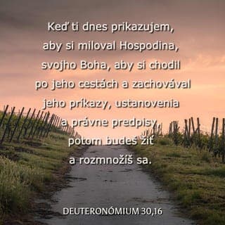 Deuteronómium 30:16 - Dnes ti prikazujem milovať Hospodina, tvojho Boha, kráčať po Jeho cestách a zachovávať Jeho príkazy, Jeho ustanovenia a Jeho právne predpisy - tak budeš žiť a rozmnožovať sa. Hospodin, tvoj Boh, ťa bude požehnávať v krajine, ktorú ideš zabrať.