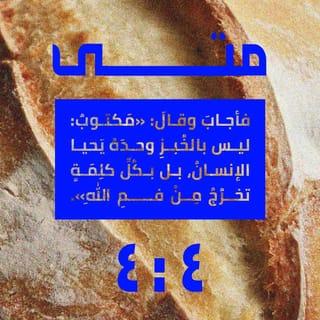 البشارة كما دوّنها متى 4:4 - فأجابَهُ: «يقولُ الكِتابُ: ما بِالخبزِ وحدَهُ يحيا الإنسانُ، بل بكلّ كَلِمَةٍ تَخرُجُ مِنْ فمِ اللهِ».