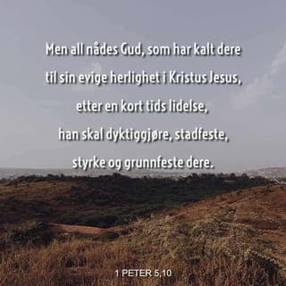 Første Petersbrev 5:9-11 - Hold fast i troen på Jesus og stå djevelen imot. Gi ikke opp når dere må lide, for dere skal vite at deres trossøsken rundt om i verden står i de samme lidelsene. Måtte dere kjenne at Gud styrker dere og gjør dere dyktige og urokkelige. Etter en kort stunds lidelse vil Han som er full av nåde, gi oss av sin evige herlighet på grunn av Jesus! All ære og all makt tilhører Ham i all evighet. Amen.
