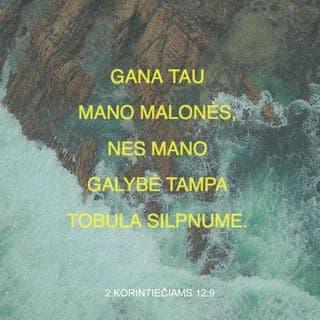 Antrasis laiškas Korintiečiams 12:9 - Bet Viešpats man pasakė: „Pakanka tau mano malonės, nes mano stiprybė tampa tobula silpnume.“ Todėl mieliausiai girsiuosi savo silpnumais, kad Kristaus jėga pasiliktų ant manęs.