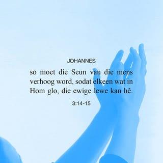 JOHANNES 3:14-21 - Moses het die slang in die woestyn hoog op 'n paal gesit; so moet die Seun van die mens verhoog word, sodat elkeen wat in Hom glo, die ewige lewe kan hê.
“God het die wêreld so liefgehad dat Hy sy enigste Seun gegee het, sodat dié wat in Hom glo, nie verlore sal gaan nie maar die ewige lewe sal hê. God het nie sy Seun na die wêreld toe gestuur om die wêreld te veroordeel nie, maar sodat die wêreld deur Hom gered kan word. Wie in Hom glo, word nie veroordeel nie; wie nie glo nie, is reeds veroordeel omdat hy nie in die enigste Seun van God glo nie. En so kom die skeiding: die lig het na die wêreld toe gekom, en tog het die mense eerder die duisternis as die lig liefgehad, want hulle dade was sleg. Elkeen wat kwaad doen, haat immers die lig en kom nie na die lig toe nie, sodat sy dade nie aan die kaak gestel moet word nie. Maar wie volgens die waarheid handel, kom na die lig toe, sodat dit duidelik kan blyk dat sy dade in gehoorsaamheid aan God gedoen is.”