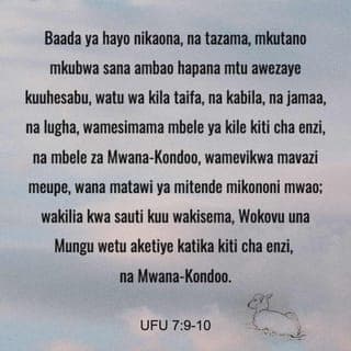 Ufu 7:9 - Baada ya hayo nikaona, na tazama, mkutano mkubwa sana ambao hapana mtu awezaye kuuhesabu, watu wa kila taifa, na kabila, na jamaa, na lugha, wamesimama mbele ya kile kiti cha enzi, na mbele za Mwana-Kondoo, wamevikwa mavazi meupe, wana matawi ya mitende mikononi mwao