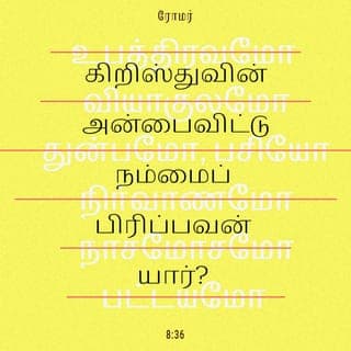 ரோமர் 8:35-39 - உமதுநிமித்தம் எந்நேரமும் கொல்லப்படுகிறோம், அடிக்கப்படும் ஆடுகளைப்போல எண்ணப்படுகிறோம் என்று எழுதியிருக்கிறபடி நேரிட்டாலும்,
கிறிஸ்துவின் அன்பைவிட்டு நம்மைப் பிரிப்பவன் யார்? உபத்திரவமோ, வியாகுலமோ, துன்பமோ, பசியோ, நிர்வாணமோ. நாசமோசமோ, பட்டயமோ?
இவையெல்லாவற்றிலேயும் நாம் நம்மில் அன்புகூருகிறவராலே முற்றும் ஜெயங்கொள்ளுகிறவர்களாயிருக்கிறோமே.
மரணமானாலும், ஜீவனானாலும், தேவதூதர்களானாலும், அதிகாரங்களானாலும், வல்லமைகளானாலும் நிகழ்காரியங்களானாலும், வருங்காரியங்களானாலும்,
உயர்வானாலும், தாழ்வானாலும், வேறெந்தச் சிருஷ்டியானாலும் நம்முடைய கர்த்தராகிய கிறிஸ்து இயேசுவிலுள்ள தேவனுடைய அன்பைவிட்டு நம்மைப் பிரிக்கமாட்டாதென்று நிச்சயித்திருக்கிறேன்