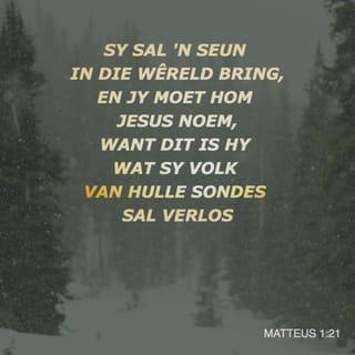 MATTEUS 1:21 - Sy sal 'n Seun in die wêreld bring, en jy moet Hom Jesus noem, want dit is Hy wat sy volk van hulle sondes sal verlos.”