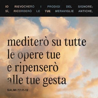 Salmi 77:11-14 - Io rievocherò i prodigi del SIGNORE; sì, ricorderò le tue meraviglie antiche,
mediterò su tutte le opere tue e ripenserò alle tue gesta.
O Dio, le tue vie sono sante; quale Dio è grande come il nostro Dio?
Tu sei il Dio che opera meraviglie; tu hai fatto conoscere la tua forza tra i popoli.