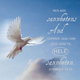 Johannes’ evangelium 16:12-15 - Jeg har ennå mye Jeg vil ha sagt til dere, men det ville bli for mye for dere å forstå nå. Men når Han, Sannhetens Ånd, kommer, skal Han forklare ting for dere og lede dere til hele sannheten. Han skal fortelle dere det Han hører av Meg, og forberede dere på ting som skal skje. Gjennom det Han sier, vil Jeg få ære og hyllest. Alt Min Far i Himmelen har, er Mitt. Derfor vil Den Hellige Ånd ta det som er Mitt, og gi til dere.