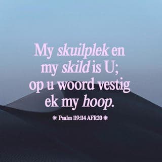 PSALMS 119:113-176 - Ek haat huigelary,
maar u wet het ek lief.
By U skuil ek, U beskerm my,
in u woord stel ek my vertroue.
Gaan weg van my af, julle wat onreg doen;
ek sal aan die gebooie van my God gehoorsaam bly.
Laat my vas staan soos U beloof het, dat ek kan lewe,
dat ek nie teleurgestel sal wees in my verwagting nie.
Beskerm my, dan sal ek behoue bly
en u voorskrifte gedurig voor oë hou.
U verwerp almal wat van u voorskrifte afdwaal;
met hulle ontrou mislei hulle hulleself.
U verwyder al die goddeloses van die aarde af
soos waardelose skuim,
daarom het ek u verordeninge lief.
Ek sidder van vrees vir U,
ek het diepe ontsag vir u bepalings.
Ek het gedoen wat reg en regverdig is,
moet my tog nie oorgee aan die genade van dié wat my veronreg nie.
Tree tog vir my in dat dit met my goed kan gaan,
moenie toelaat dat hovaardige mense my verdruk nie.
Ek smag na die bevryding wat U bring,
na u woord wat my red.
Handel met my volgens u troue liefde,
leer my u voorskrifte.
Ek is u dienaar: onderrig my tog in u verordeninge.
Dit is tyd dat die Here ingryp teen dié wat sy wet oortree.
Ek het u gebooie liewer as goud, as fyn goud.
Daarom leef ek nougeset volgens al u bevele
en haat ek elke verkeerde pad.
U verordeninge is wonderlik,
daarom kom ek hulle na.
Wanneer u woord vir mense oopgaan, bring dit lig;
dit gee insig aan dié wat nog onervare is.
Met my hele wese smag ek na u gebooie,
verlang ek daarna.
Sien my in genade aan
soos U altyd doen vir dié wat u Naam liefhet.
Laat u woord my op die regte pad hou;
moet tog nie dat enige kwaad die oorhand oor my kry nie.
Bevry my van veronregting deur mense.
Ek wil u bevele gehoorsaam.
Verskyn tog tot my redding,
leer my u voorskrifte.
My trane vloei sonder ophou
omdat die mense u wet nie onderhou nie.
U is regverdig, Here,
wat U bepaal, is reg.
In groot regverdigheid en trou het U u verordeninge uitgevaardig.
Ontsteltenis verteer my
omdat my teëstanders u woord verontagsaam.
U woord is baie suiwer,
ek het dit lief.
Al is ek gering en verag,
u bevele verontagsaam ek nie.
U is altyd getrou en regverdig,
u wet staan altyd vas.
Al oorval angs en benoudheid my,
in u gebooie bly ek my verlustig.
U verordeninge is altyd regverdig;
gee my insig daarin, dat ek kan lewe.
Ek roep na U met my hele hart,
verhoor tog my gebed, Here,
ek wil u voorskrifte nakom.
Ek roep na U, red my,
ek wil u verordeninge gehoorsaam.
In die oggendskemer al roep ek om hulp
en stel ek my vertroue in u woord.
Die hele nag lê ek wakker
en oorpeins ek u woord.
Handel volgens u liefde, Here, luister tog na my.
Laat u bepalings geld, hou my in die lewe.
Dié wat my met soveel lis vervolg, kom steeds nader,
maar van u wet af bly hulle ver.
U is by my, Here,
alles wat U gebied het, staan vas.
Van lankal af weet ek van u verordeninge
dat U hulle altyd vas laat staan.
Aanskou tog my ellende en red my,
want u wet het ek nie verontagsaam nie.
Behartig tog my saak en bevry my,
hou my in die lewe volgens u belofte.
Vir die goddeloses is daar nie uitkoms nie,
want hulle steur hulle nie aan u voorskrifte nie.
U barmhartigheid is groot, Here,
laat u bepalings geld, hou my in die lewe.
Ek het baie vervolgers en teëstanders,
maar van u verordeninge wyk ek nie af nie.
Ek het die verraad van die ontroues gesien,
en dit het my met walging vervul dat hulle u woord nie gehoorsaam nie.
Neem tog in ag dat ek u bevele liefhet, Here, hou my in die lewe omdat U my liefhet.
Op u woord kan 'n mens hom geheel en al verlaat.
Al u bepalings is regverdig. Hulle staan vas.
Maghebbers vervolg my sonder oorsaak,
maar u woord is die enigste wat ek vrees.
Oor u woord is ek so bly
soos iemand wat 'n groot skat in die hande gekry het.
Ek haat en verafsku leuens,
maar u wet het ek lief.
Ek loof U soveel keer elke dag oor u bepalings.
Hulle is regverdig.
Vir dié wat u wet liefhet, is daar groot sekerheid;
niks kan hulle laat struikel nie.
Ek vestig my hoop op hulp van U, Here,
u gebooie gehoorsaam ek.
Ek kom u verordeninge na,
ek het hulle baie lief.
U bevele en verordeninge gehoorsaam ek.
My hele lewe lê oop voor U.
Gee tog ag op my geroep, Here,
gee my insig soos U beloof het.
Luister tog na my smeekgebed,
red my volgens u belofte.
Die lof sal oor my lippe stroom,
want U leer my u voorskrifte.
Ek sal u woord besing,
want al u gebooie is regverdig.
Help my tog altyd,
want ek stel u bevele eerste.
Ek smag na u hulp, Here,
in u wet vind ek my vreugde.
Laat my lewe dat ek U kan loof,
laat u bepalings my steun wees.
As ek sou ronddwaal
soos 'n skaap wat weggeraak het,
soek my dan,
want u gebooie het ek nie verontagsaam nie.