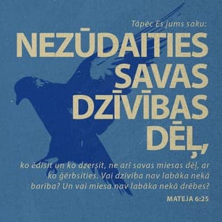 Mateja 6:25-34 - Tāpēc Es jums saku: nezūdaities savas dzīvības dēļ, ko ēdīsit un ko dzersit, ne arī savas miesas dēļ, ar ko ģērbsities. Vai dzīvība nav labāka nekā barība? Un vai miesa nav labāka nekā drēbes? Skataities uz putniem gaisā: ne tie sēj, ne tie pļauj, ne tie sakrāj šķūņos, un jūsu Debesu Tēvs tos baro. Vai tad jūs neesat daudz labāki nekā viņi? Kurš jūsu starpā var ar zūdīšanos savam mūžam pielikt kaut vienu olekti? Un kāpēc jūs zūdāties apģērba dēļ? Mācaities no puķēm laukā, kā tās aug: ne tās strādā, ne tās vērpj, tomēr Es jums saku: ir Salamans visā savā godībā nav tā bijis apģērbts kā viena no tām. Ja tad Dievs zāli laukā, kas šodien stāv un rīt tiek iemesta krāsnī, tā ģērbj, vai tad ne daudz vairāk jūs, jūs mazticīgie? Tāpēc jums nebūs zūdīties un sacīt: ko ēdīsim, vai: ko dzersim, vai: ar ko ģērbsimies? Jo pēc visa tā pagāni dzenas; jo jūsu Debesu Tēvs zina, ka jums visa tā vajag. Bet dzenieties papriekš pēc Dieva valstības un pēc Viņa taisnības, tad jums visas šīs lietas taps piemestas. Tāpēc nezūdaities nākamā rīta dēļ, jo rītdiena pati par sevi zūdīsies. Ikvienai dienai pietiek pašai savu bēdu.