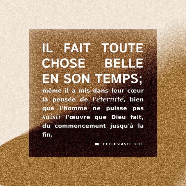 Ecclésiaste 3:11 - Dieu a établi pour chaque événement le moment qui convient. Il nous a aussi donné le désir de connaître à la fois le passé et l'avenir. Pourtant nous ne parvenons pas à connaître l'œuvre de Dieu dans sa totalité.