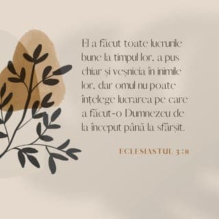Eclesiastul 3:10-13 - Eu am văzut osteneala pe care Dumnezeu a dat-o fiilor oamenilor pentru a fi umiliți prin ea.
El a făcut fiecare lucru frumos la timpul lui; de asemenea a așezat lumea în inima lor, așa că nimeni nu poate cuprinde lucrarea pe care Dumnezeu o face de la început până la sfârșit.
Știu că nu este nimic bun în ei, decât pentru cineva să se bucure și să facă bine în viața sa.
Și de asemenea ca orice om să mănânce și să bea și să se bucure de binele din toată munca lui, ea este darul lui Dumnezeu.